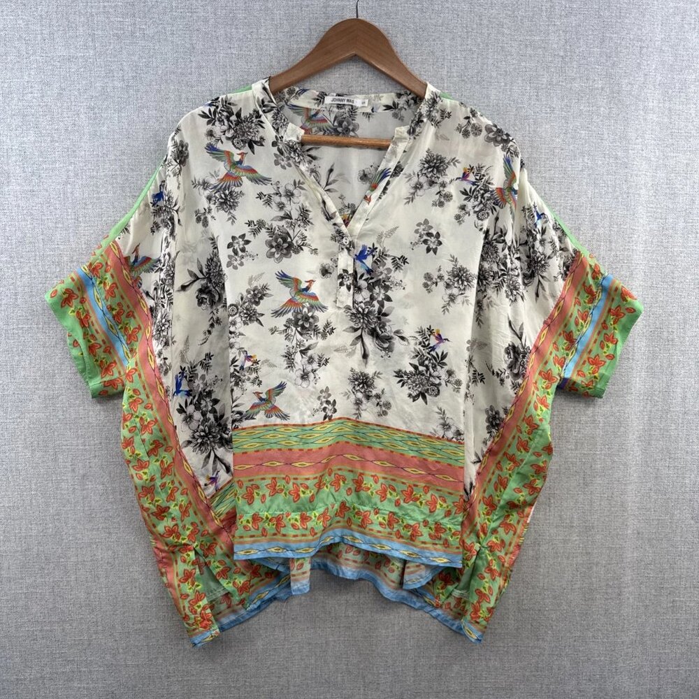Johnny Was Silk Blouse Top Small Relaxed Rainbow Birds Printed Short Sleeve Boho